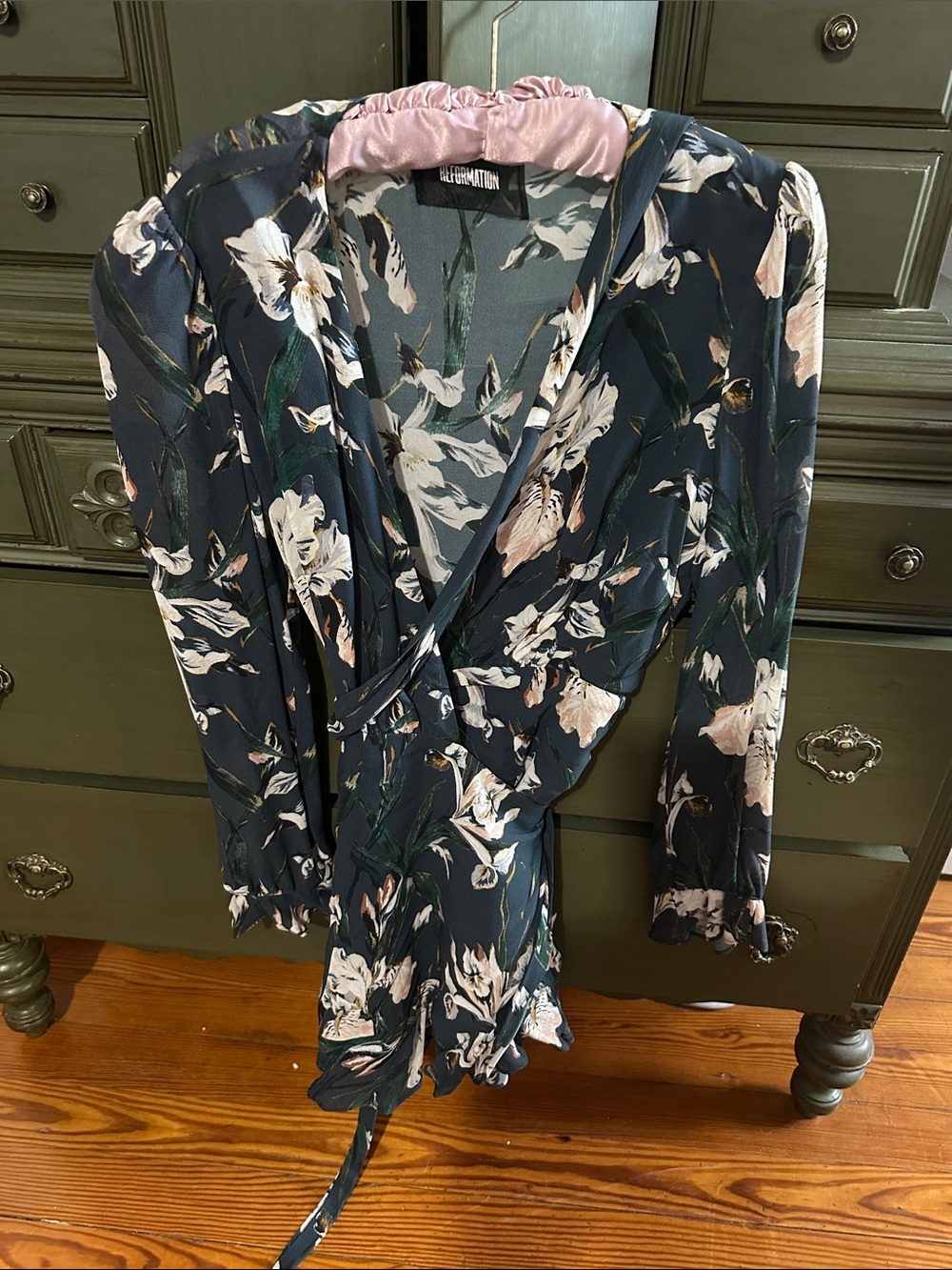 Reformation Emerald Green Floral Wrap Mini Dress with Floral Accents